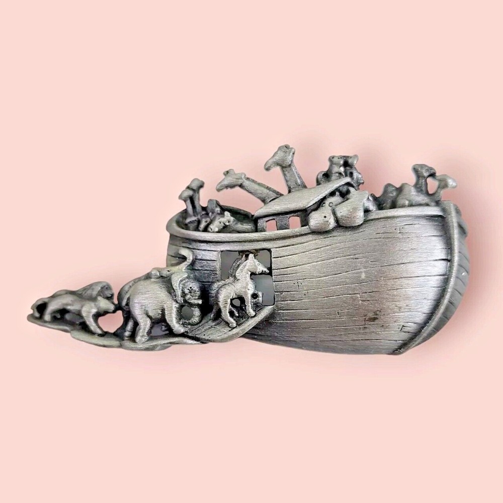 Vintage Noah's Ark Brooch Pin Pewter Silver Toned Metal AJC Bible Christianity